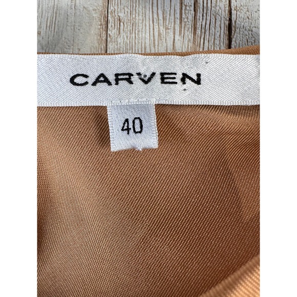 Vintage Carven Dress 40 Camel Faux Draped Two Textured Flare Skirt Keyhole Y2K - Picture 5 of 9